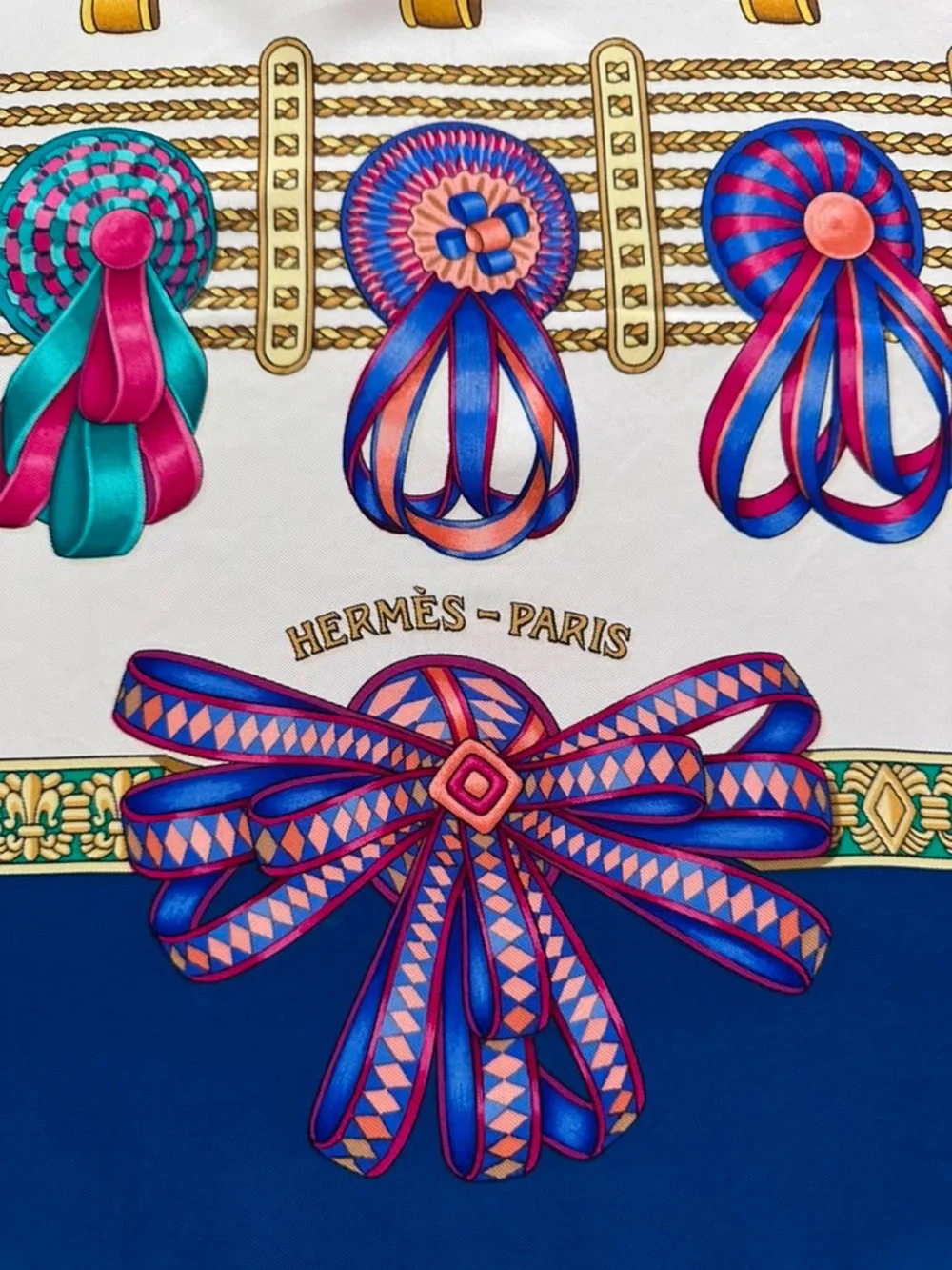 Hermes Silk Scarf Carré 90 Blue White Hand Rolled Made in France